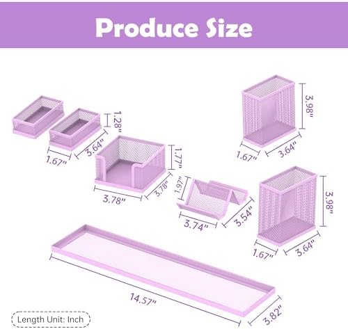 Pen Holder for Desk, 6-Piece Mesh Desk Organizer with Phone Holder, Purple - Image 3