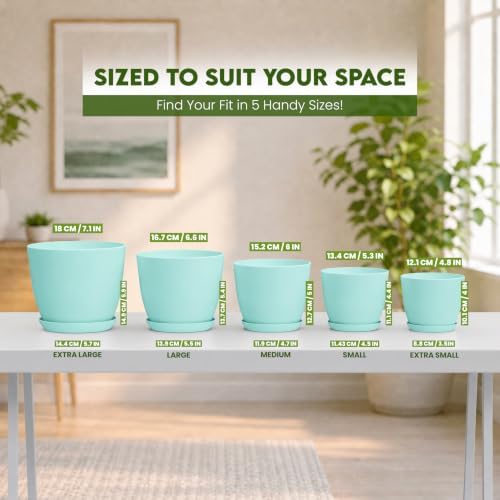 Plant Pots Indoor with Drainage, 5 Pack Multi-Size Planters Set, Aqua - Image 2