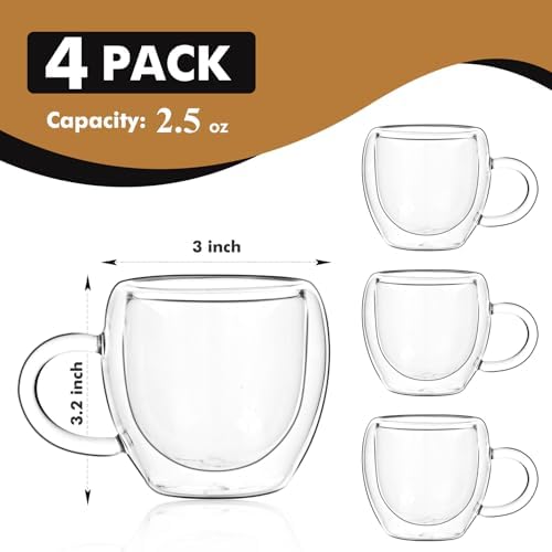 Espresso Cups Set of 4 with Handle, 2.5oz Expresso Coffee Cup, Small Expresso Shot Glasses, Clear Double Wall Insulated Espresso Mugs,Tazas de Cafe Expreso, Suit for Espresso Machine Accessories - Image 2