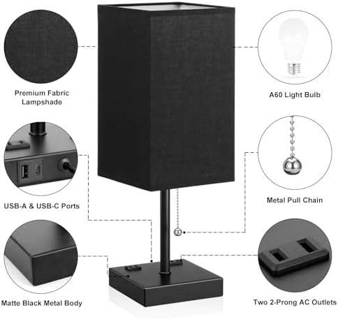 Black Lamp for Bedroom - 3 Color Temperatures, USB A+C, 2 AC Outlets - Image 6