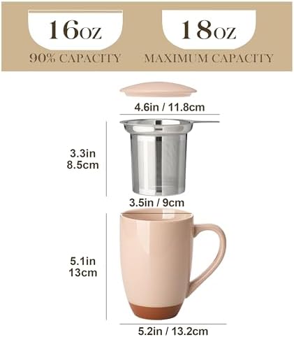 MALACASA Ceramic 18 oz Tea Mug with Lid and Infuser, Khaki Pink - Image 2