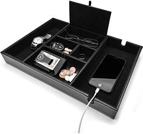 ULTRAY, Valet Tray for Men, Nightstand Organizer, Entry Table Organizer, Catch All, Black Faux Leather Box, 6 Compartments by ULTRAY