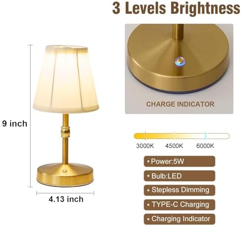 5w Led Cordless Mini Lamps,3000 mah Battery Operated Lamp,3 Color Temperature Dimmable Table Lamp,Gold Rechargeable Table Lamp Fabric,Aesthetic Small kitchen Lamp for Counter,Restaurant,Bar,H9.8" - Image 5