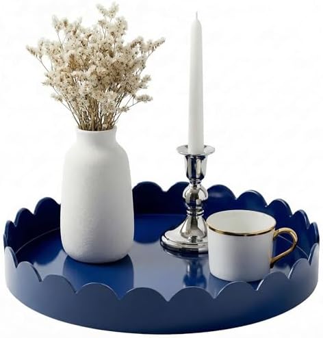 Gesodant 13" Round Scalloped Decorative Tray for Coffee Table Decor, Candle & Perfume Tray, Dining Table Centerpiece & Aromatherapy Candle Display, Modern Glossy Lacquer Look (Navy Blue) by Gesodant+