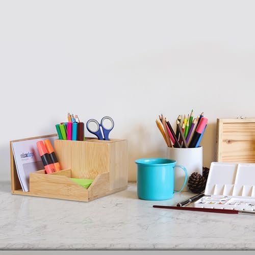 Relaxdays Desk Organiser, 7 Compartments, Pen & Document Holder, Utensil Box, HxWxD: 11 x 21 x 19 cm, Bamboo, Natural - Image 5