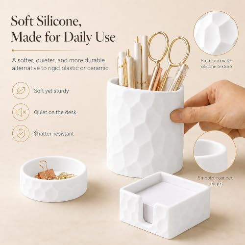 Aesthetic Geometric Silicone Desk Organizer Set of 3,Modern Office Desk Accessories with Round Pen Holder,Paperclip Tray,Sticky Note Holder,Stylish Functional Desk Decor for Home Office(White) - Image 5