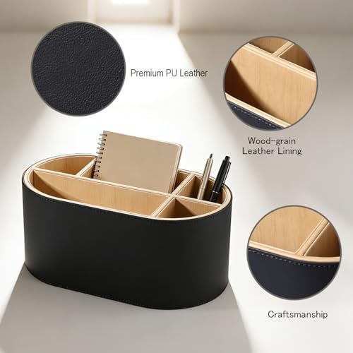 KINGFOM PU Leather Desk Organizer with Multi Compartments, Desktop Caddy Holder for Remote Controls, Pens, Makeup Brushes, Office Accessories (Black) - Image 3