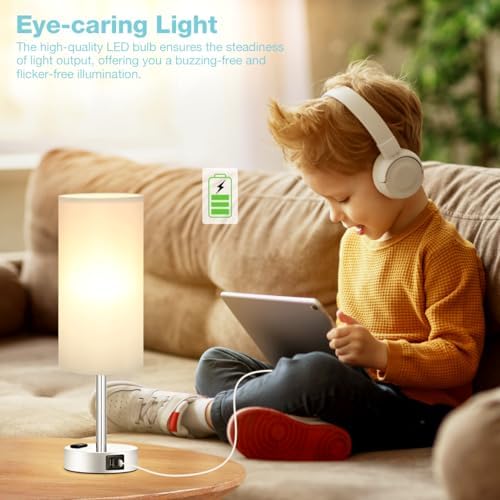 Fenmzee Grey Bedside Lamp for Bedroom, Dimmable Touch, USB A+C, AC Outlet - Image 4