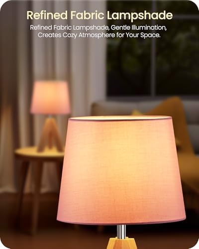 Pink Table Lamp, Small Tripod Table Lamp, Boho Bedside Lamp with Pink Linen Shade & Wood Base, Modern Nightstand Lamps, Little Cute Desk Lamp for Girls Room, Kids Room, Bedroom, P51TL05 - Image 4