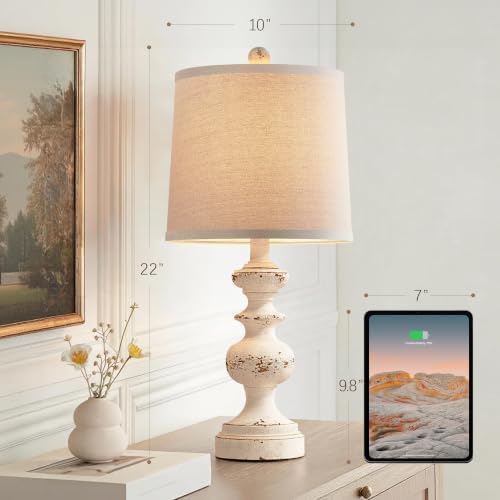 PARTPHONER Farmhouse Table Lamp Set of 2, Rustic Table Lamps for Living Room Bedroom, 22" Mid Century Modern Desk Lamp Bedside Nightstand Lamps with Linen Tapered Drum Shades, Washed White - Image 4