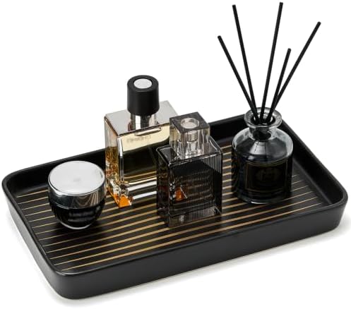 10"×6"×1" Black Bathroom Vanity Tray for Countertop- Ceramic Decorative Organizer Tray for Dresser Tops, Toilet, Perfume, Sponge Holder Soap Dish Dispenser for Kitchen Counter- Golden Stripes by StylishHomeDecorforYou