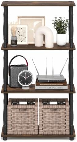 Furinno Turn-N-Tube Storage Shelves, 4-Tier Open Frame Book Shelf, Standing Corner Shelf, Toolless Open Shelves, Classic Tubes, for Organization and Storage, Living Room, Home Office, Amber Pine - Image 4