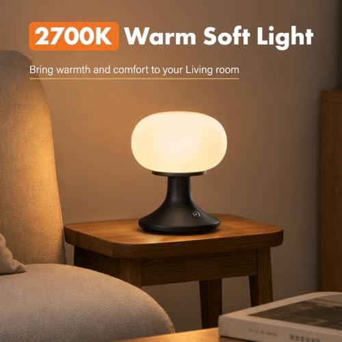 Cordless Mushroom Table Lamp - Stepless Dimming - 2700K Warm Light - Black - Image 4