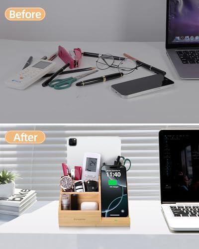 Bamboo Pen Holder with Wireless Charger, Desk Organizer 5 Compartments - Image 3