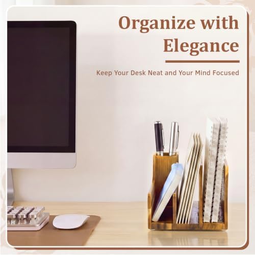 Novabright Acacia Wood Mail Organizer with Pen Holder, 4 Slot Desk File Organizer, Wooden Letter Sorter for Desk, Compact Desktop Document Holder for Home Office Storage Back to School - Image 5