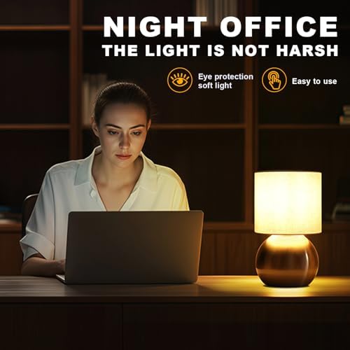 Modern Golden Small Table Lamp with Cotton Linen Shade, 6.2×6.2×10.4 inch LED Desk Light, One-Button Switch for Bedroom, Living Room, Nightstand, Includes Warm Light Bulb - Image 4
