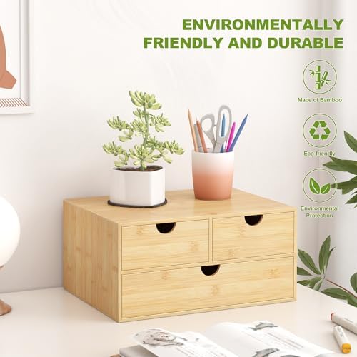 Bamboo Desk Drawer Organizer, Large Desktop Organizer with Drawers Tabletop Storage Organization Box for Office Home Toiletries Supplies Vanity, No Assembly Required (L-3 Drawers) - Image 4
