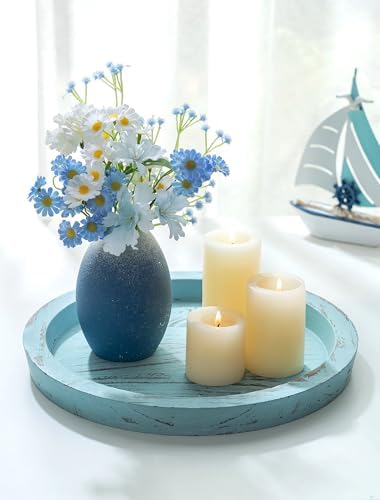 Hanobe Round Wood Candle Holder Tray, Ocean Blue Coastal Coffee Table Decor by Hanobe