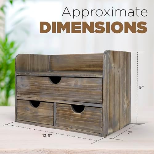Besti Wooden Office Desk Organizer - Organizing Tool for Desktop, Cubicle, Bedroom, Kitchen - Vintage Style Organization Caddy with Top Tray Shelf & 3 Drawers - 13.6x9x7 Inches (Rustic) - Image 3