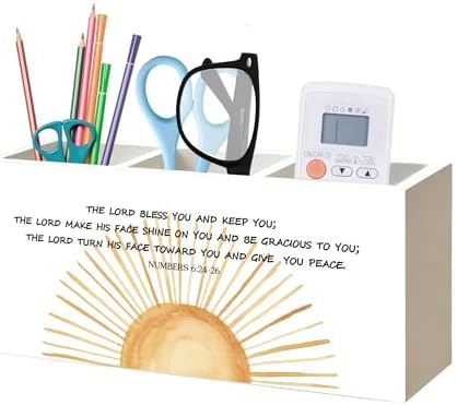 Boho Sunshine Christian Numbers 6:24-26 Pen Pencil Holder Organizer for Home Office Classroom Desk Accessories, Inspirational Bible Verse Religious Wood Signs for Desk Tabletop Decor by Unknown