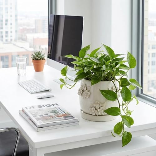 6 Inch Ceramic Plant Pot with 3D Floral Relief Embossed Texture Ivory White - Image 5