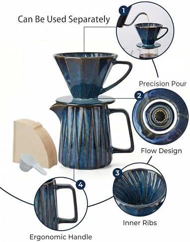 Pour Over Coffee Maker Set, Vintage Ceramic Coffee Dripper with 50 Paper Filters, 15oz/450ml, for Home Café Restaurant Camping - Image 3