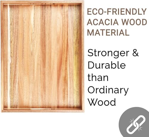 Acacia Wood Serving Tray with Handles Set of 2 – Decorative Serving Trays Platter for Breakfast in Bed, Lunch, Dinner, Patio, Ottoman, Coffee Table, BBQ, Party –Great for Lap &Couch - Image 5