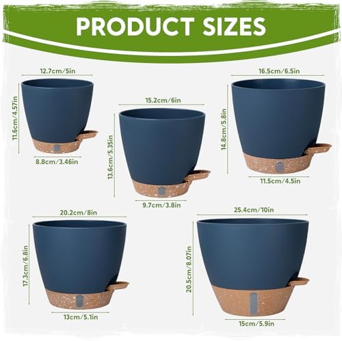 Self-Watering Pots for Indoor Plants with Visible Water Window,5/6/6.5/8/10 Inch Outdoor Flower Pots with Drainage Holes & Reservoir for Patio, Home Decor (Blue) - Image 2