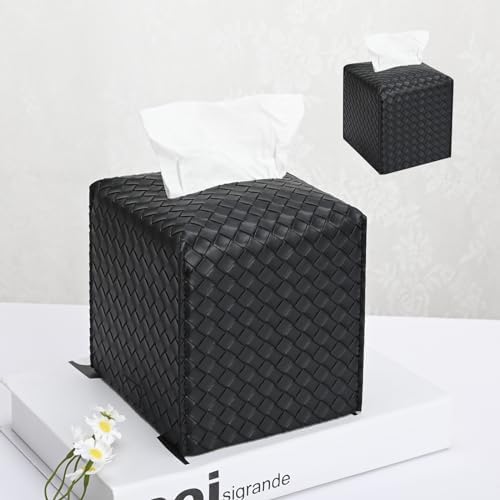 HOMOTEK 2 Pack Tissue Box Cover, Square PU Leather Tissue Holder, Decorative Facial Tissue Cube Paper Organizer Dispenser for Bathroom, Night Stands, Desk, Car 5X5X5'' - Woven Waffle,Dark Black by HOMOTEK