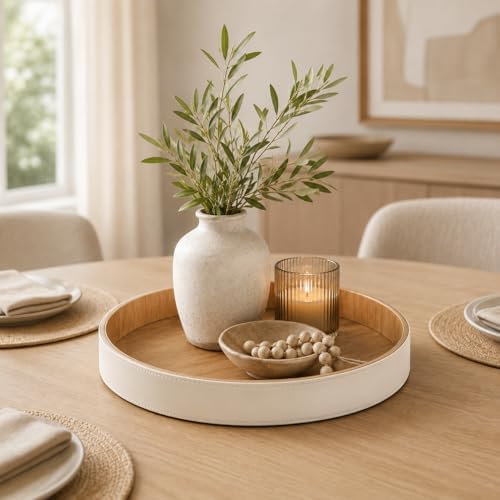 GORESE Round Coffee Table Tray, 12 in PU Leather Tray for Home Decor, Cream White & Wooden - Image 7
