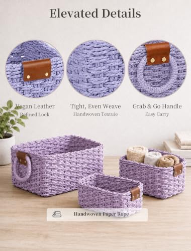 Small Wicker Baskets, 3 PCS Paper Rope Baskets for Shelves, Purple - Image 4