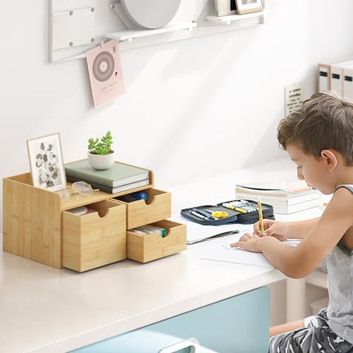 Wisuce Bamboo Desk Drawer Organizer, 3 Drawer Desktop Organizer with Drawers Tabletop Storage Organization Box for Office Home Toiletries Supplies Vanity, No Assembly Required - Image 2