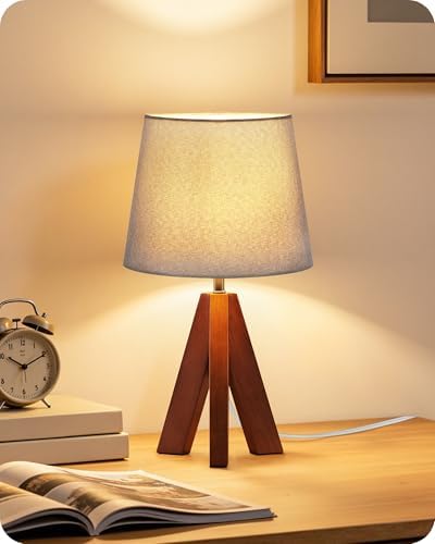 Tripod Table Lamp, 14.6" Small Bedside Lamp with Gray Linen Shade & Dark Wood Base, Modern Nightstand Lamp for Bedroom, Kids Room, Living Room, Nursery, Office, E26 Socket, LH51TL05 by GOEBLESON
