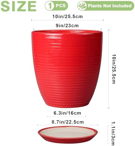 Ceramic Planter 10 Inch - Ceramic Pot for Plants Large Plant Pot Indoor with Drainage Hole and Saucer Round Outdoor Planter Modern Flower Pot for Garden House Red - Image 3