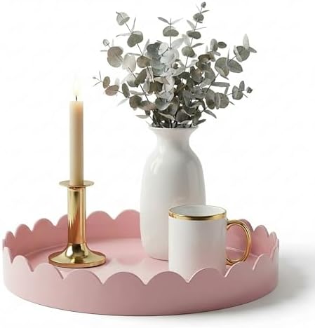 Gesodant 13" Round Scalloped Decorative Tray for Coffee Table Decor, Candle & Perfume Tray, Dining Table Centerpiece & Aromatherapy Candle Display, Modern Glossy Lacquer Look (Pink) by Gesodant+