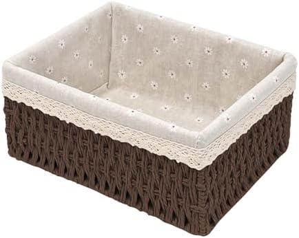 Large Wicker Storage Basket with Liner, Hand-Woven Paper Rope Rattan Organizer Bin for Pantry, Countertop, Bathroom, Bedroom, Shelves (Dark-Brown, L) by EITMOW