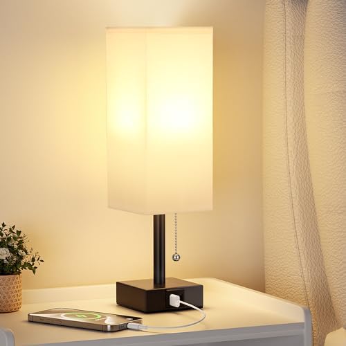 White Bedside Table Lamp for Bedroom - Desk Lamp For Nightstand, USB C+A - Image 2