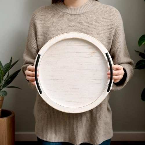 SwallowLiving White Wooden Beaded Serving Tray with Handle Decorative Rustic Whitewashed Tray for Coffee Table Farmhouse Round Tray for Kitchen, Living Room and Bedroom - Image 2