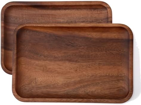 2PCS Serving Wood Valet Tray for Men Women, Catch All Acacia Mens Key Dump Bedside Nightstand Organizer EDC Decorative Wooden Tray for Phone Watch Wallet Keys by Velinjowy