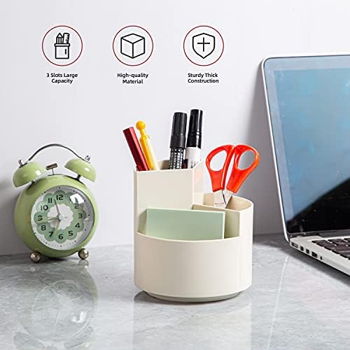Desk Pencil Pen Holder, 3 Slots 360-Degree Spinning Organizers, Desktop Storage Stationery Supplies, Cute Cup Pot for Office, School, Art Supply, Kids - White - Image 2