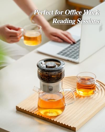 ZENS Modern Glass Infuser Pot Set with 2 Cups, One Touch Loose Tea Maker - Image 5