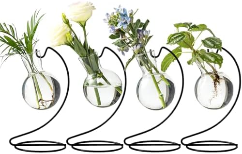 Desktop Glass Plant Propagation Station with Metal Stand,Tabletop Plant Terrarium,Hydroponics Vase for Propagating Hydroponic Office Garden Home Decor, for Weddings, Centerpieces (4) by JGKYLDZ
