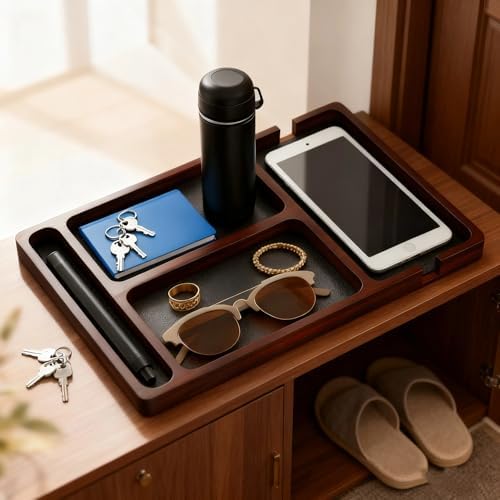 Wooden Valet Tray with Leather Inlay, Office Desk Organizer Tray, Nightstand Storage Tray, Multi-Purpose EDC Jewelry Storage Tray for Keys, Wallet, Watch, Phone & Earbuds (wood) - Image 2