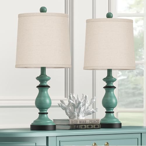PARTPHONER Traditional Table Lamp Set of 2, Rustic Farmhouse Table Lamps for Living Room Bedroom, 22" Bedside Desk Lamps Vintage Nightstand Lamps with Linen Shades, Green by PARTPHONER