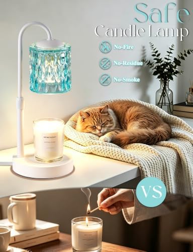 Briever Dimmable Candle Warmer Lamp with Timer, Height Adjustable Electric Candle Wax Warmer, Birthday Gifts for Women Mom, House Warming Gifts New Home Decor, Solid Wood Base, White Blue Glass - Image 5