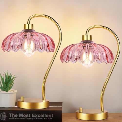 ILLMTW Pink Table Lamp Set of 2,Small Gold Bedside Lamps Dimmable Flower Bedroom Lamp with Glass Lamp Shade,Boho Vintage Mid Century Modern Mini Nightstand Lamp for Bedroom Living Room by IlluminateTheWorld