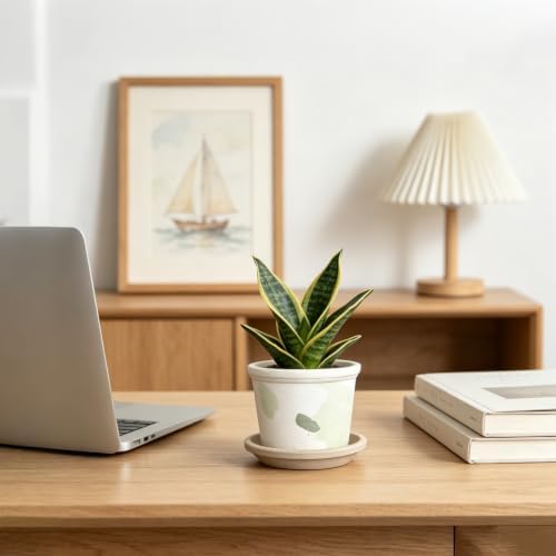 3.3 Inch Small Ceramic Planter Pot with Drainage Hole and Saucer, Artistic Spotted Flower Pot for Indoor Succulent Plants, Home Office Desk Decor(White&Green) - Image 5