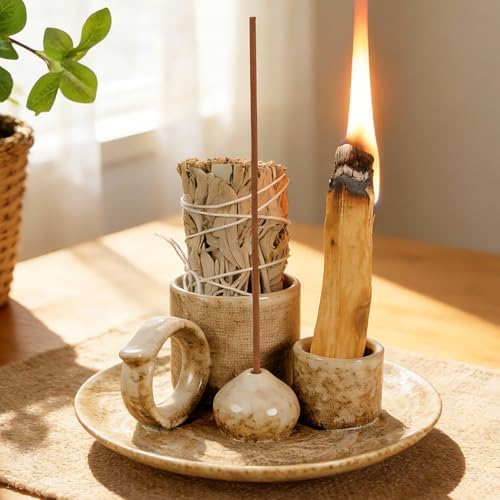 Tnstbiee 4.1 Inch 5-in1 Brown Ceramic Smudge Bowl,Versatile Incense Holder by Tnstbiee