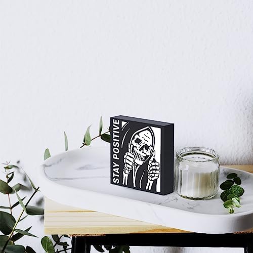 Halloween Decorations, Halloween Decor Indoor Ghost Desk Decor For Men Decorations Inspirational Skeleton Man Wooden Box Sign Plaque Stay Positive Black Wood Box Sign Rustic Art Home Office Shelf Desk - Image 6