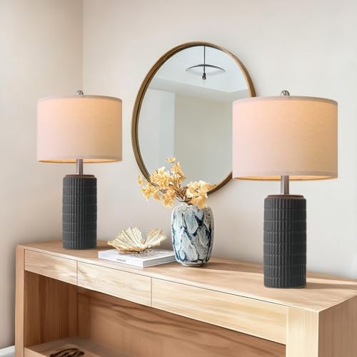 PoKat 23" Matte-Textured Ceramic Table Lamps Set of 2 for Bedroom, Stone-Like Modern Bedside Lamps for Night Stands, Farmhouse Nightstand Table Lamps Decor for Living Room End Table Black by Pokat